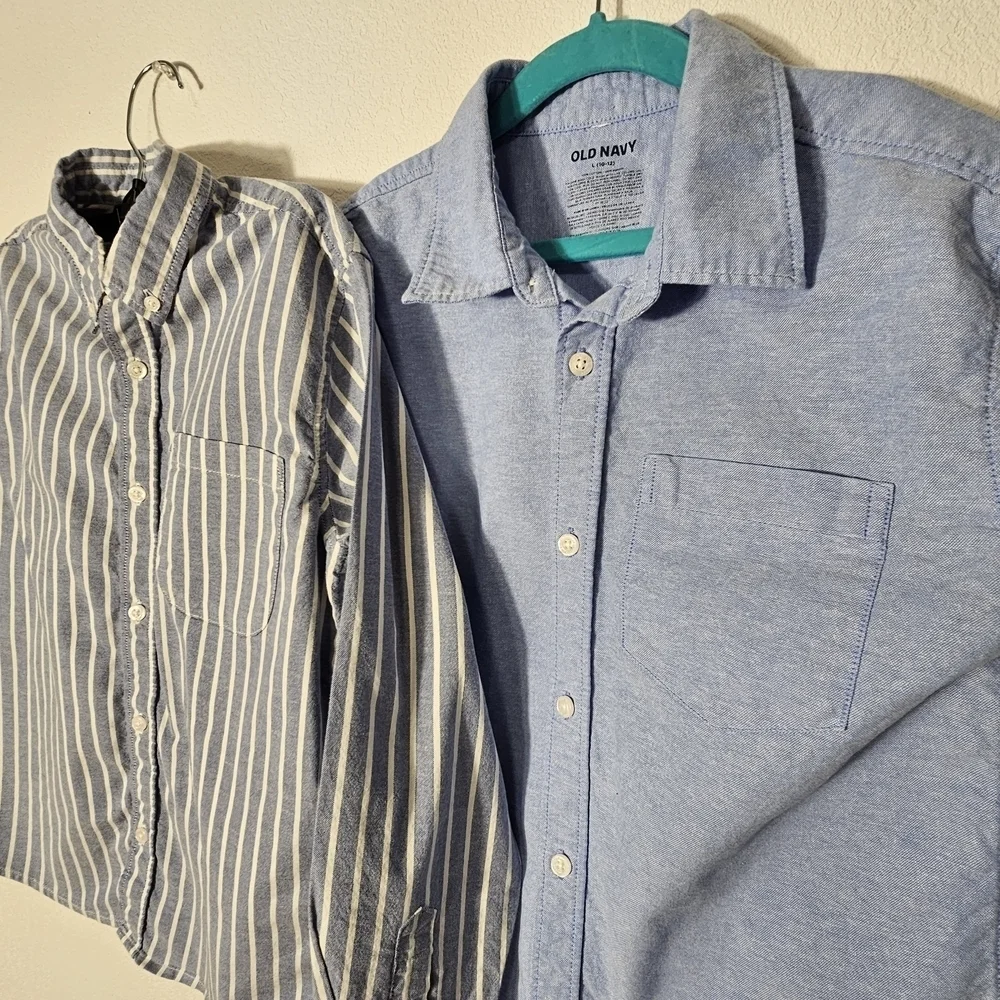 Old Navy Kids Striped Long Sleeve and Solid Blue Short Shirts Boys Size Large 10